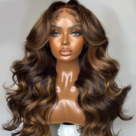 Brown bodywaves wig with honeyblond highlights