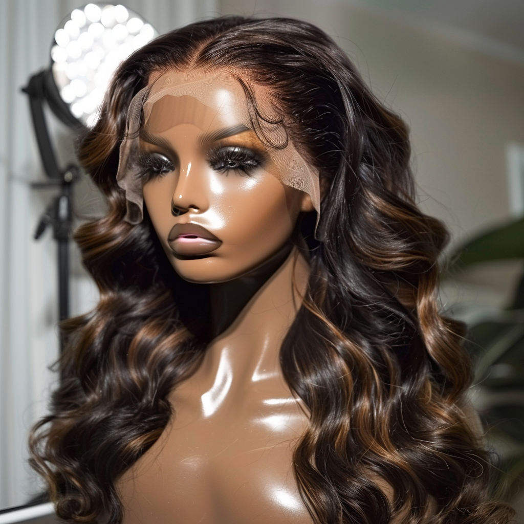 Black wig with brown highlights